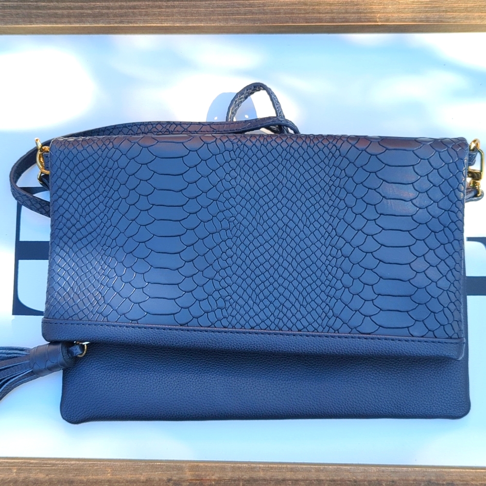 GIGI NEW YORK Navy Embossed Python‎ Leather, Fold over clutch/ crossbody purse